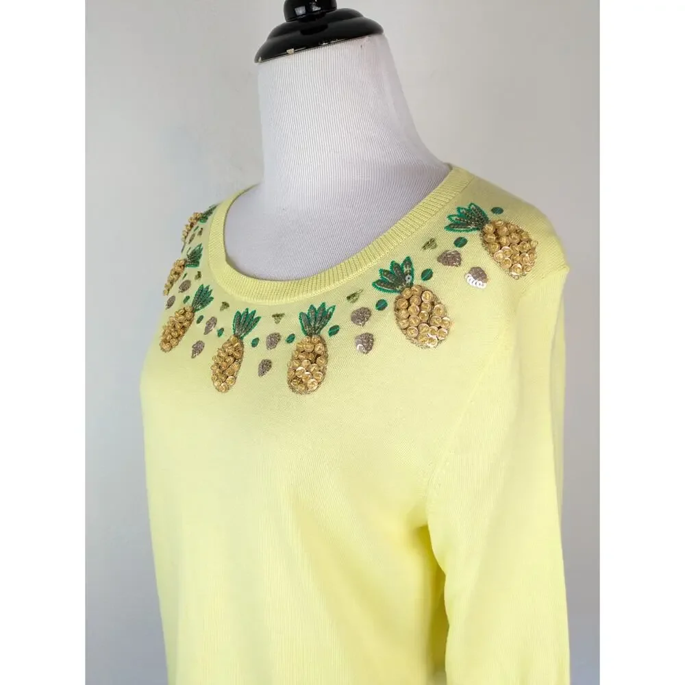 Talbots Sweater Pineapple Beaded Sequins Spring Summer Yellow Novelty Size M